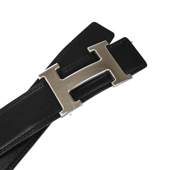 HERMES H Logo Constance Reversible Buckle Belt #75 Leather Black Silver 84RL373 - Picture 5 of 12